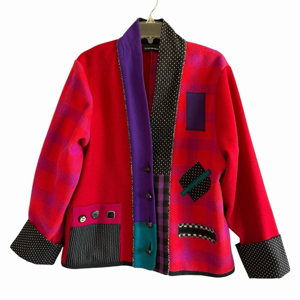 Lynn Murray Vtg 80s 90s Lagenlook Jacket M/L Red Wool Coat Patchwork Artsy Funky